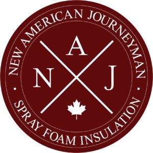 A red and white logo for new american journeyman spray foam insulation.